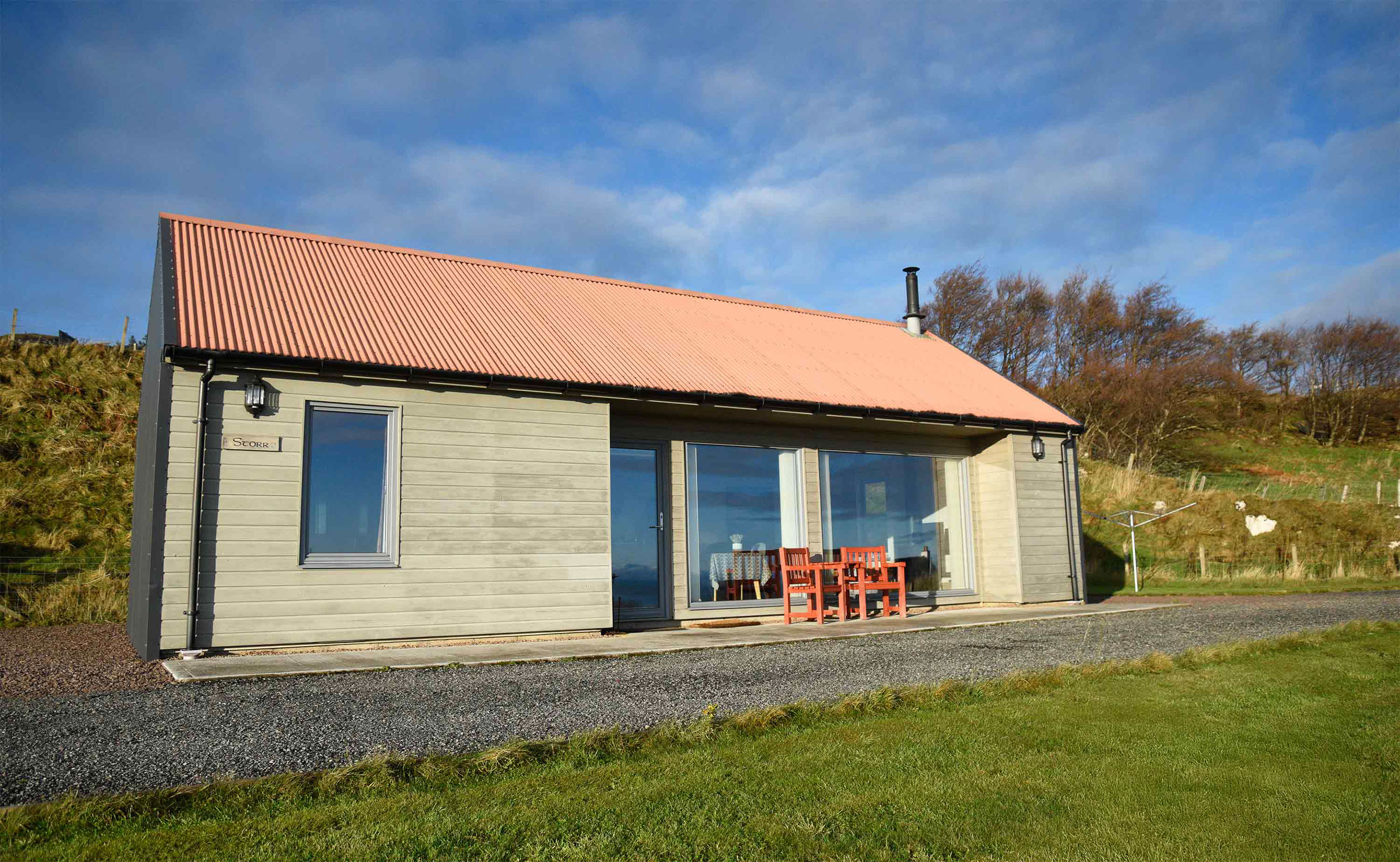 Brogaig Cottages offer private parking for guests and outside seating areas with sea views